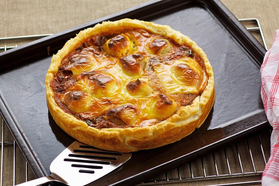 Onion and potato tart topped with melted cheese