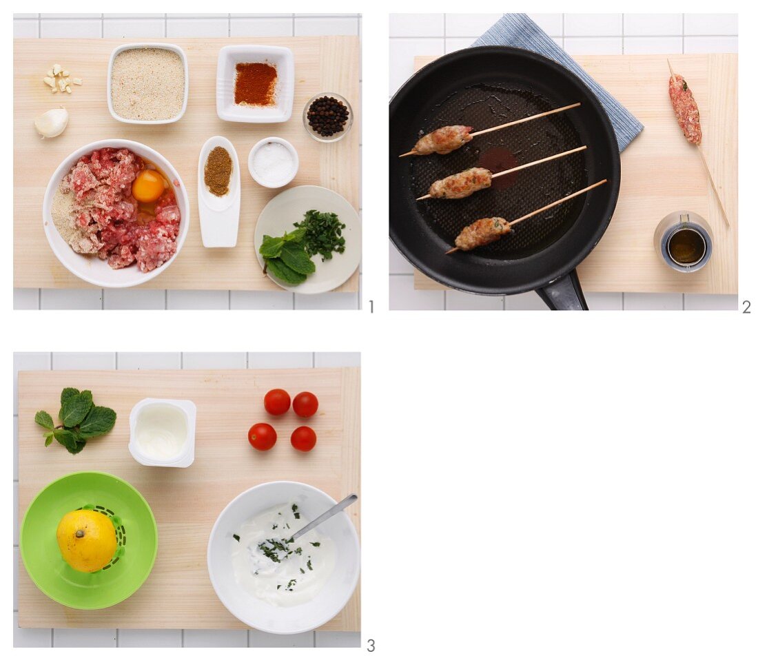 Minced meat skewers with yoghurt sauce being made