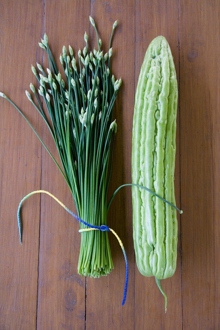 Garlic chives and a Chinese bitter gourd