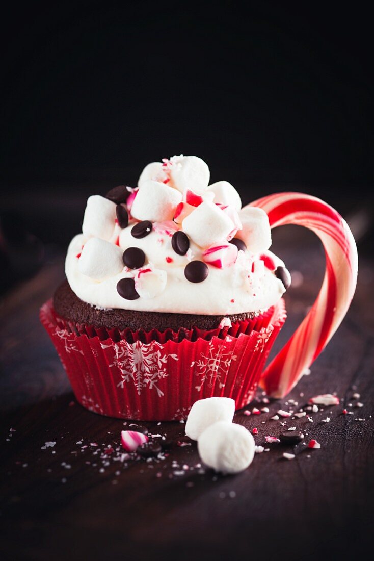 A chocolate cupcake with marshmallows and a candy cane