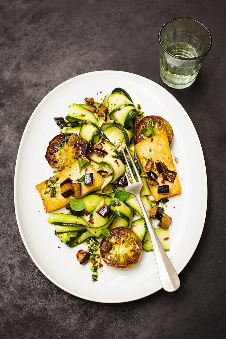 Marinated courgette slices with tofu and fried aubergine (Vegan)