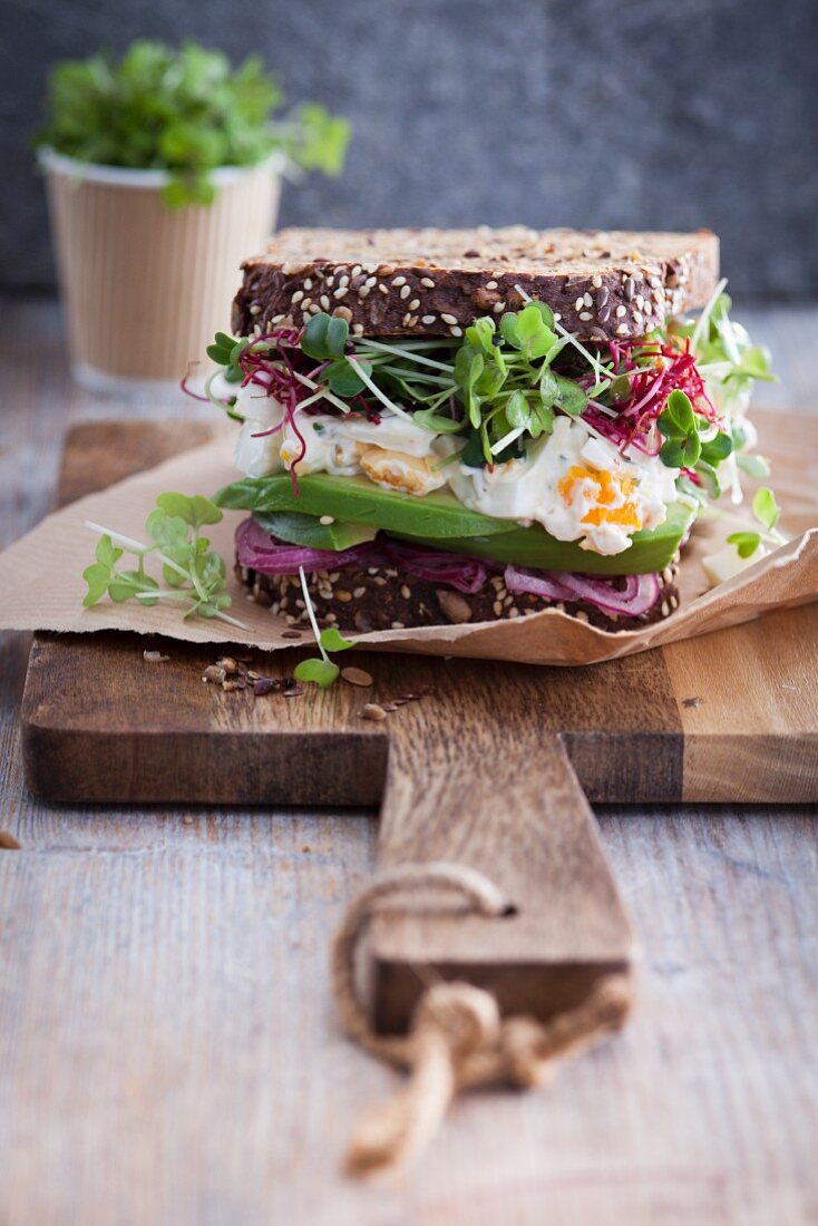 A sprout sandwich with egg, avocado and red onions