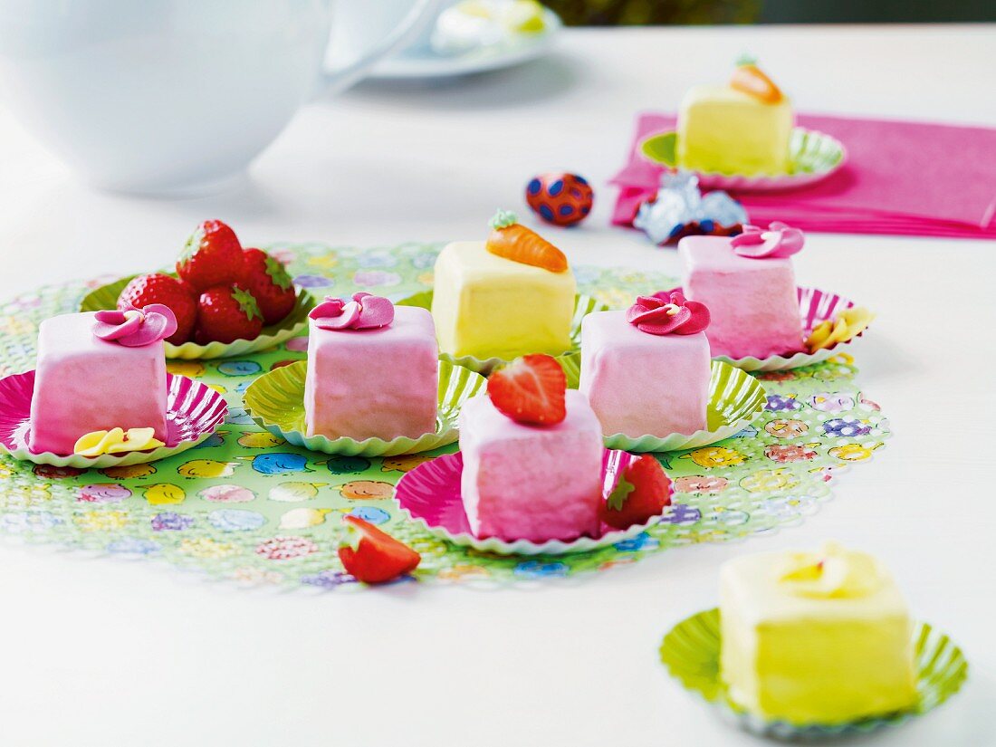 Pink and yellow petit fours for Easter