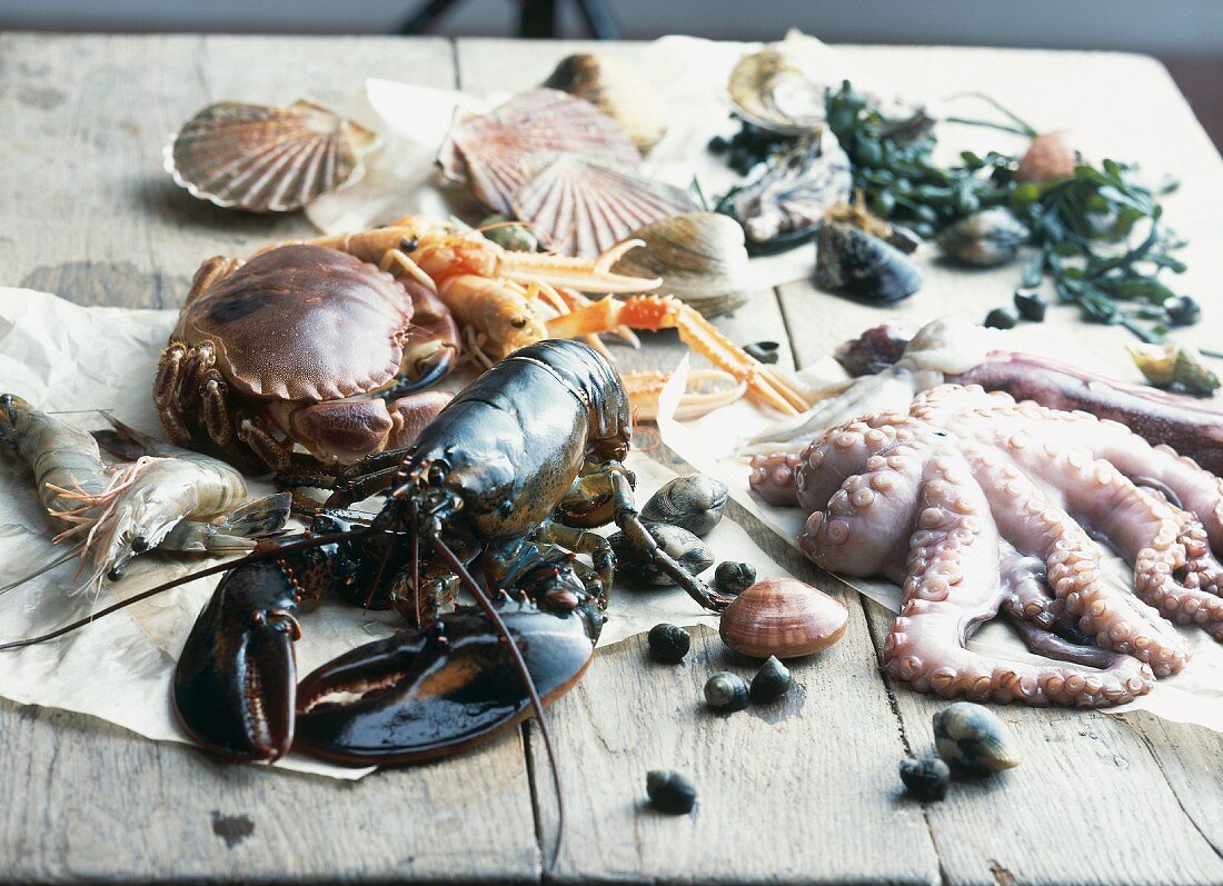 Verschiedene Meeresfrüchte auf Holztisch