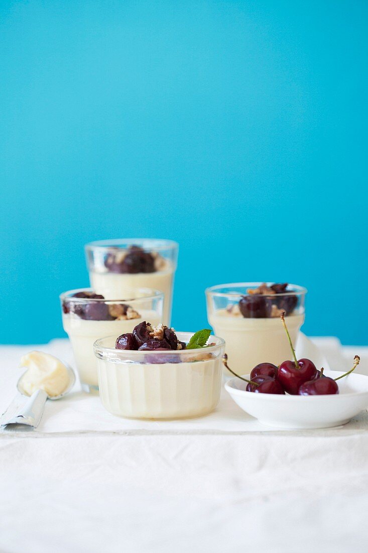 White chocolate and rose water mousse with caramelised cherries