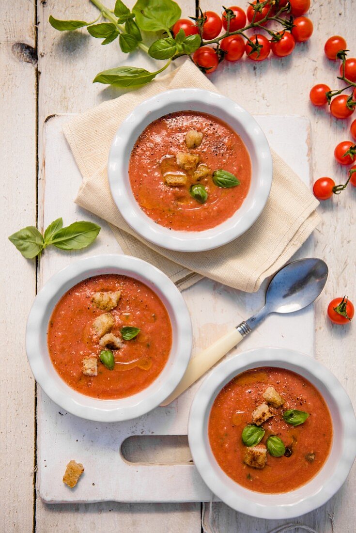 Gazpacho with croutons, basil and vine tomatoes