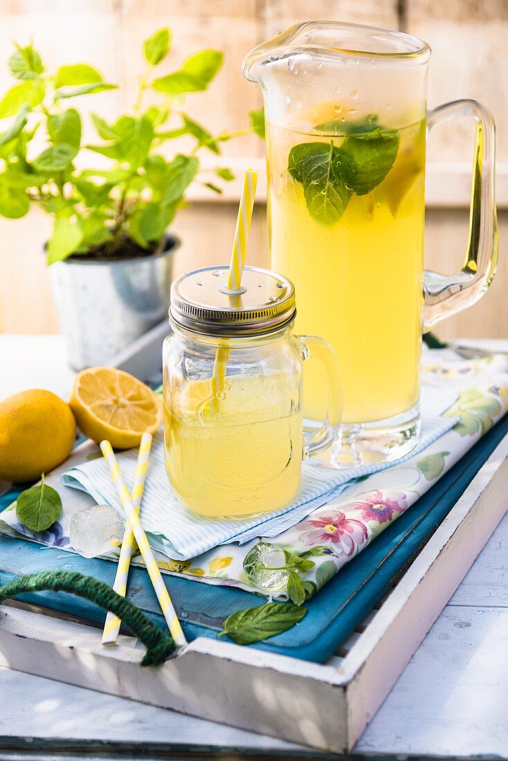 Hausgemachte Limonade mit frischen Zitronen auf Tablett