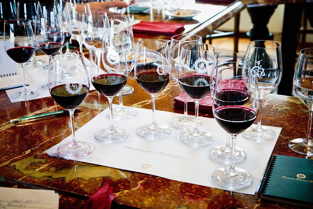 Verschiedene Weine in Gläsern auf Tisch zur Degustation