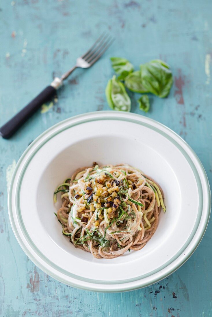 Courgette and lupine carbonara with aubergine bacon