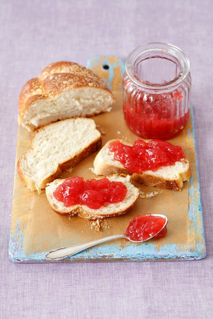 Plaited bread with strawberry jam