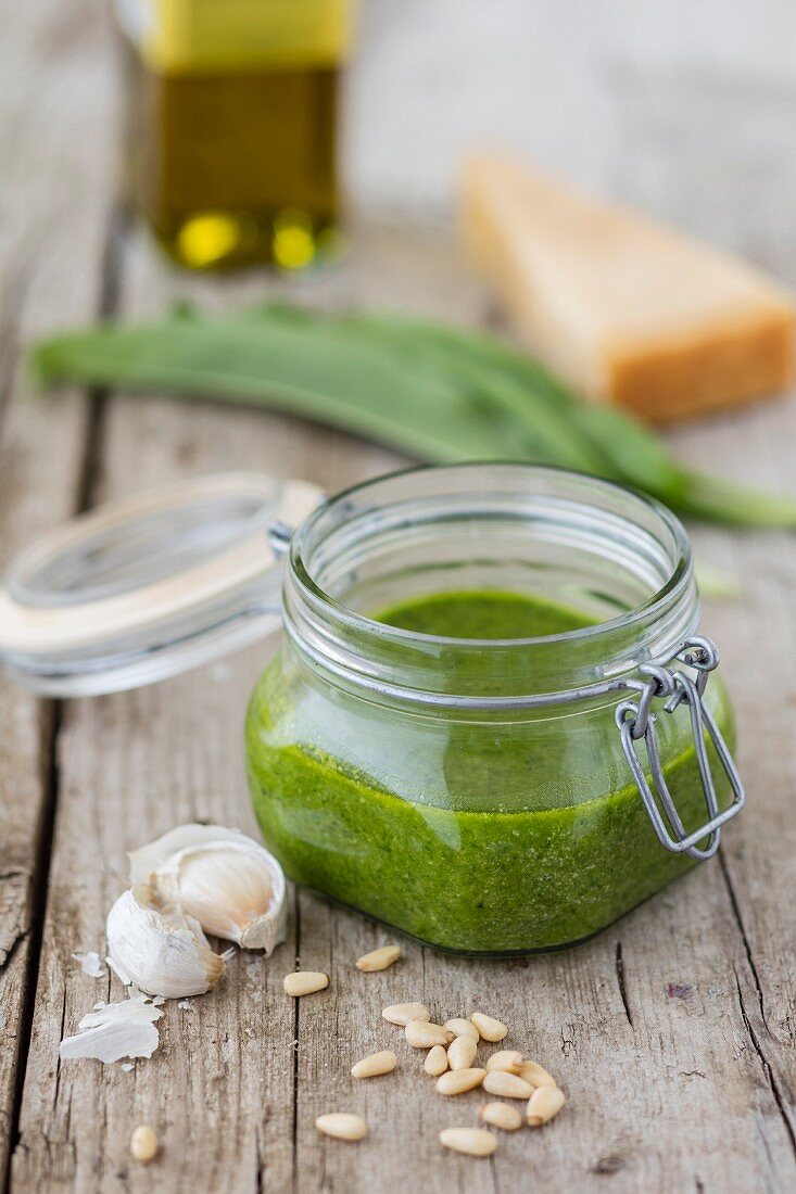 Wild garlic pesto in a flip-top jar