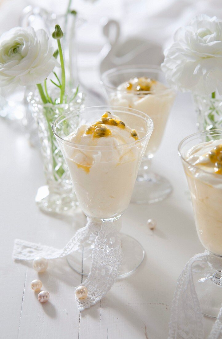 White chocolate mousse with passion fruit