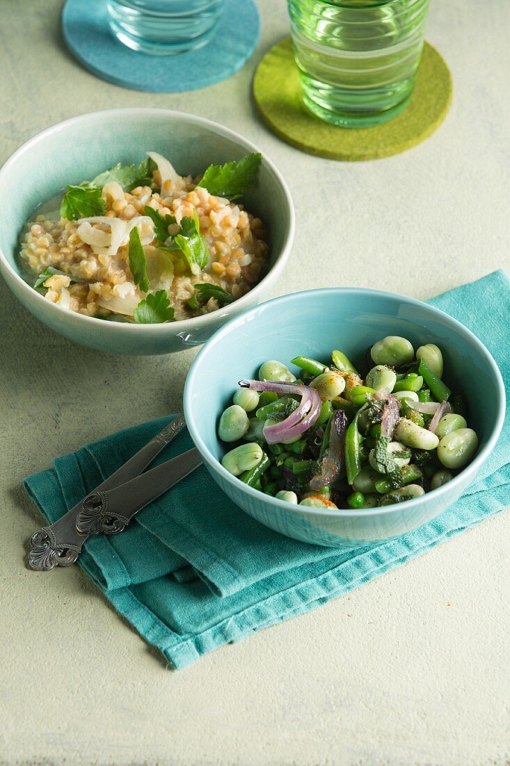 Red lentils in coconut milk, and a warm pea and bean salad with sage