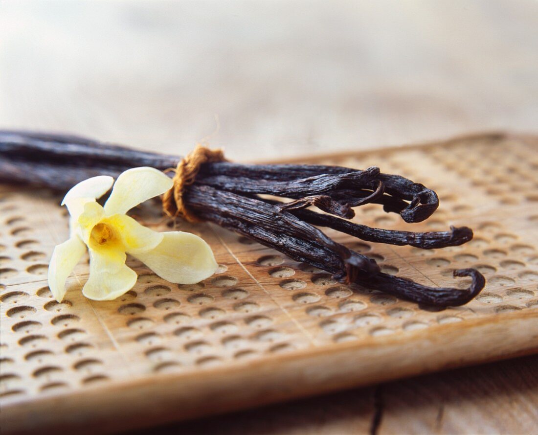 Vanilla pods and a yellow flower on a wooden board