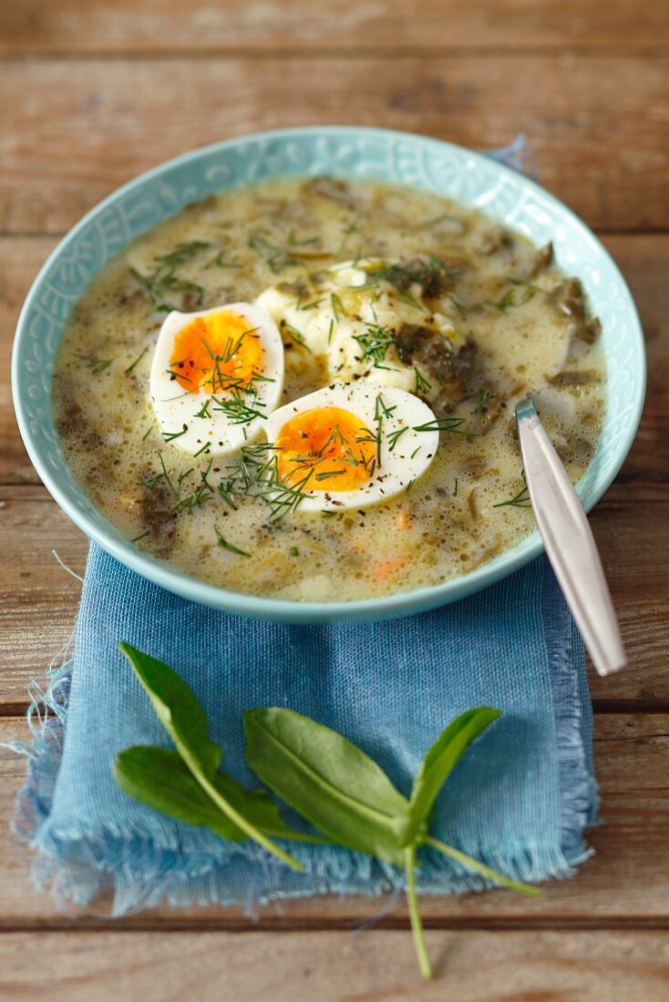 Sorrel soup with mashed potatoes and egg