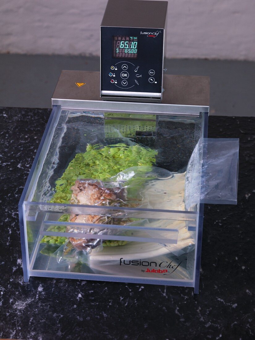 Food being kept warm in a sous-vide