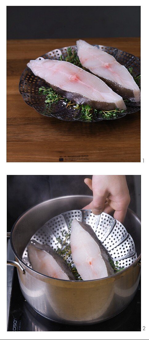 Fish in a steamer insert in a saucepan