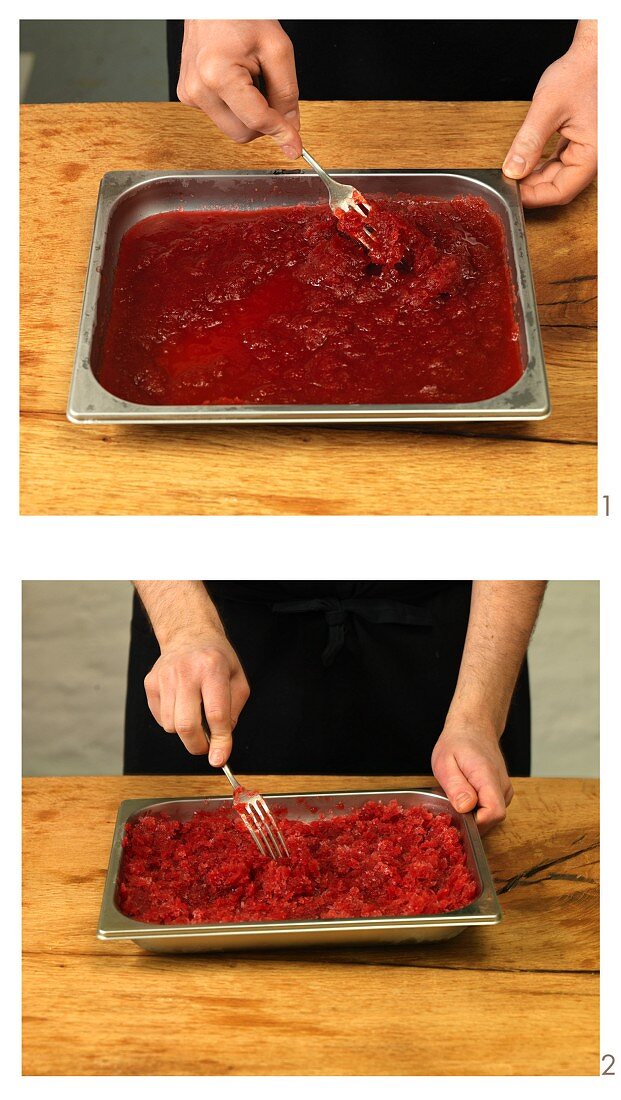 Berry granita being prepared in a baking tray