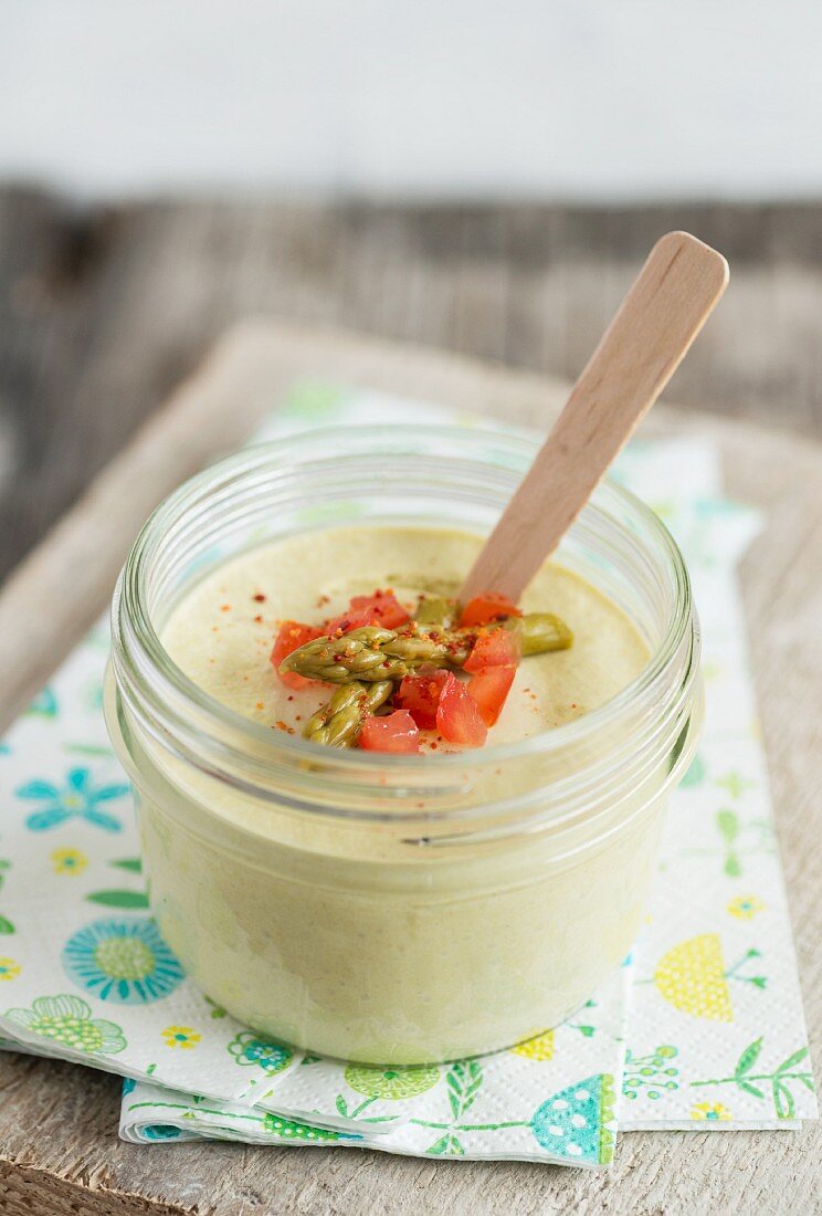 Panna cotta with asparagus and chilli in a jar