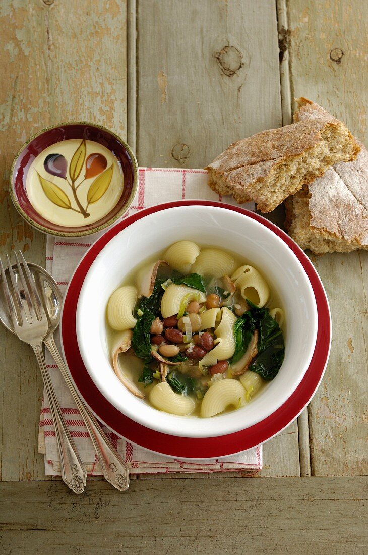 Nudelsuppe mit geräuchertem Hähnchenfleisch, Bohnen und Spinat