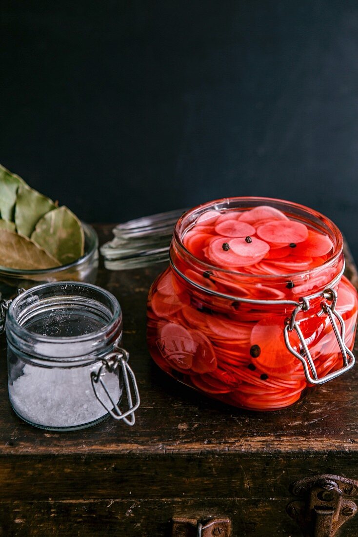 Pickled radish in a preserving jar