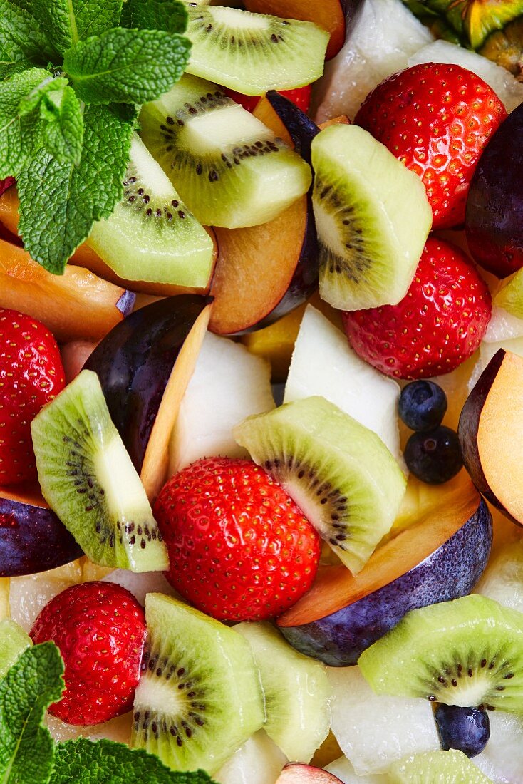 Fresh fruit salad with mint leaves