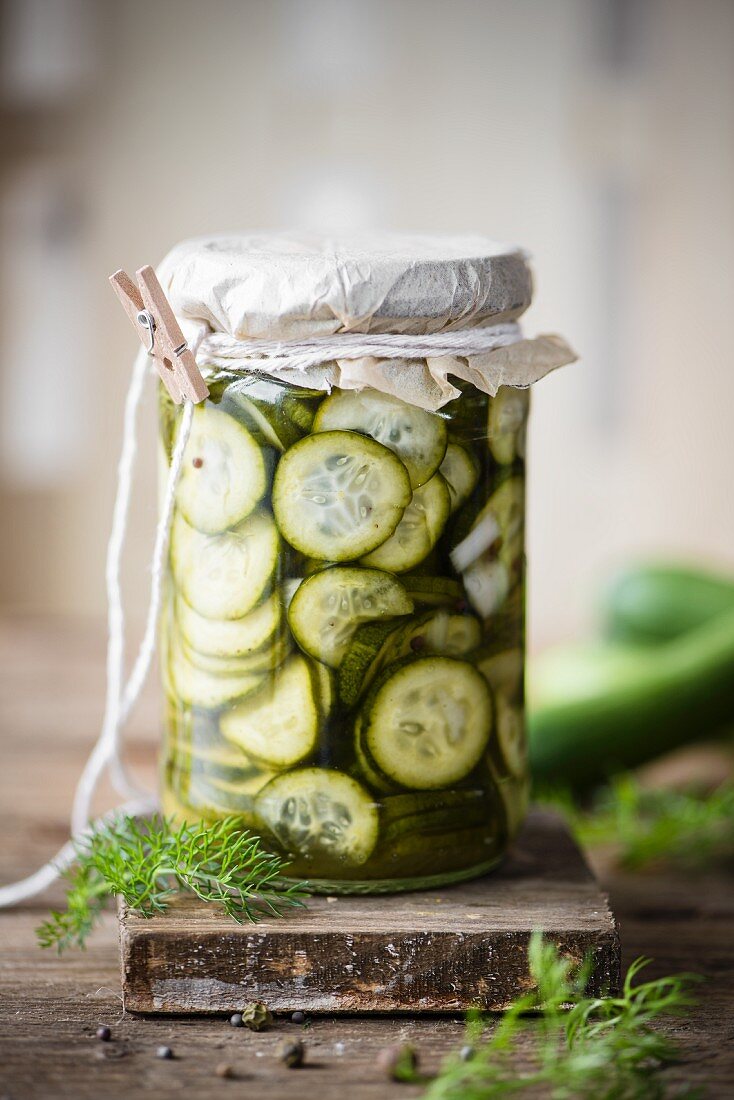 A jar of sweet pickled cucumber slices