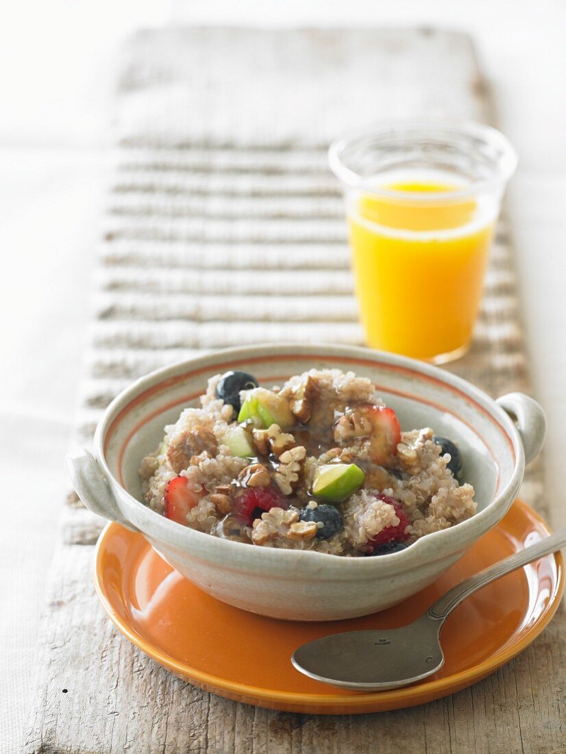 Porridge with fruit and orange juice