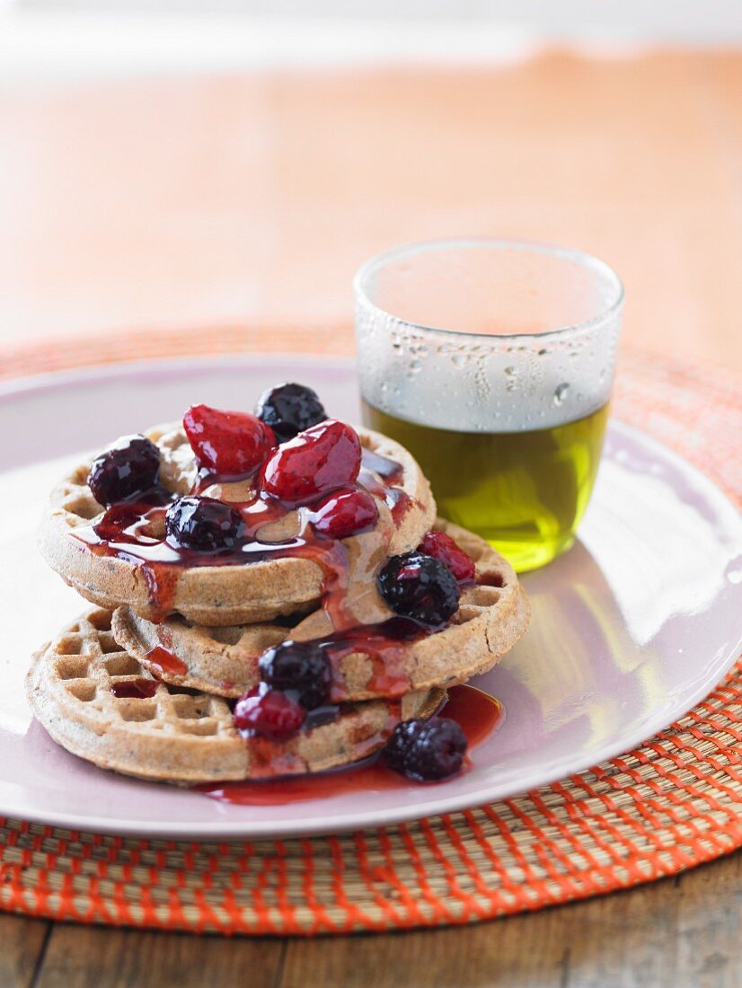 Waffles with berries and tea