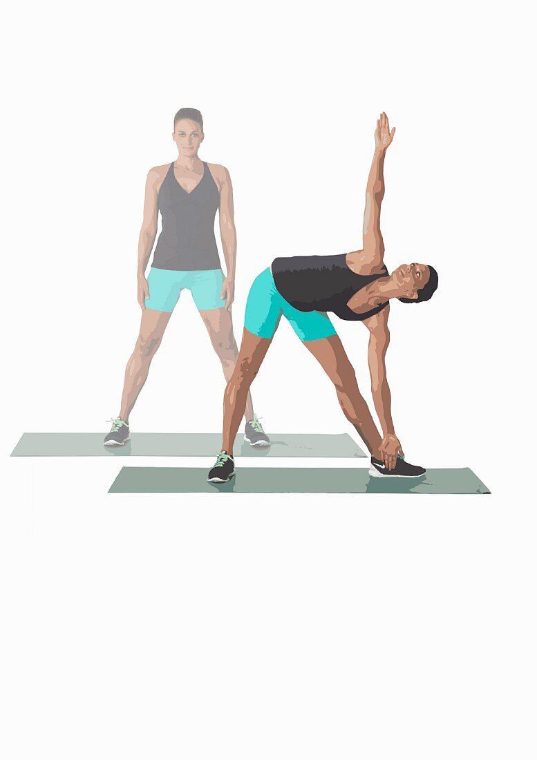 Triangle (yoga) – Step 1: legs apart – Step 2: hand to foot, stretch arm up