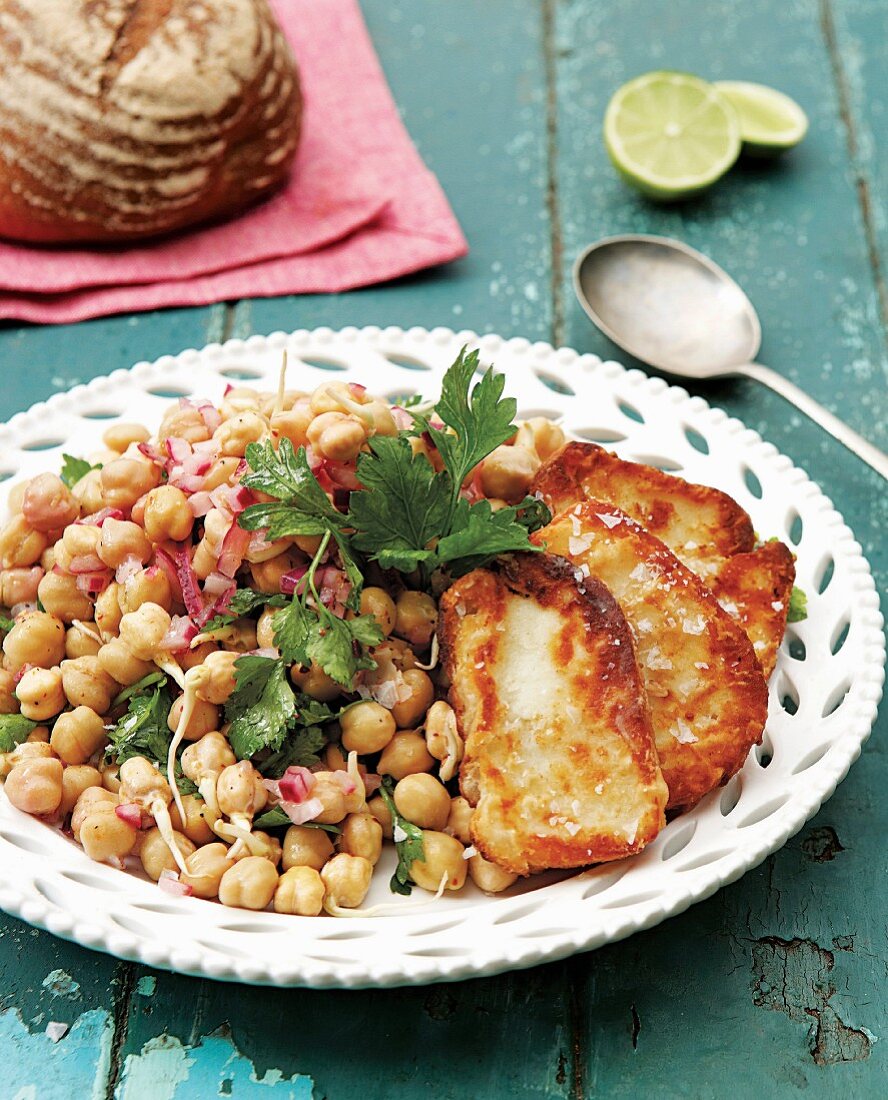Halloumi with chickpeas and herbs