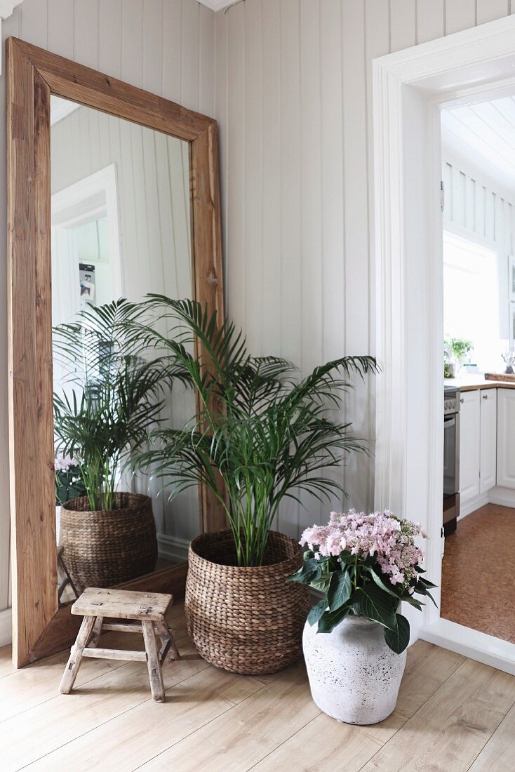 Potted palm and hydrangea in front of rustic full-length mirror in corner
