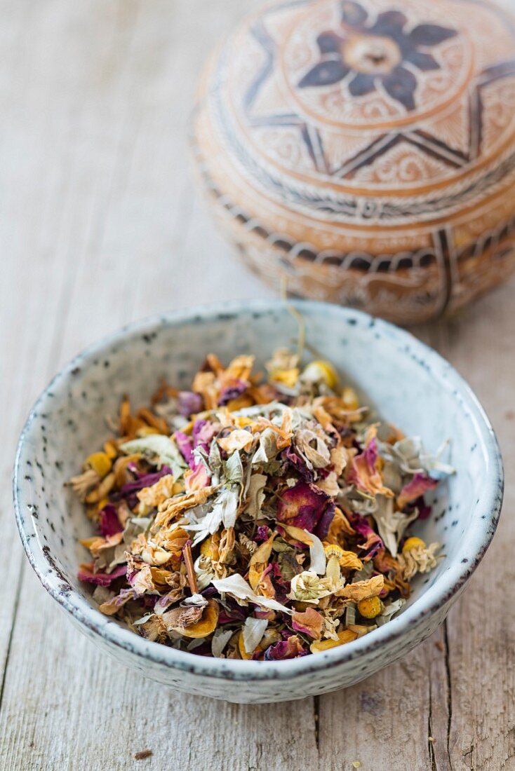 Lebanese floral tea: a tea mixture in a bowl