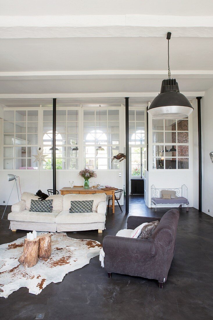 Animal-skin rug and interior glass partition wall in pleasant lounge area