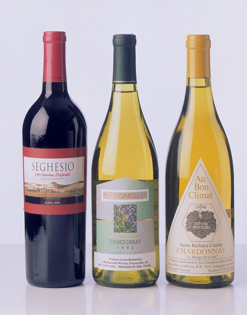 Californian wines: Zinfandel and two Chardonnay bottles