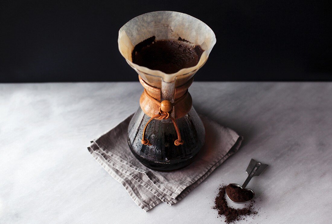 Filter coffee being made with a Chemex coffee jug