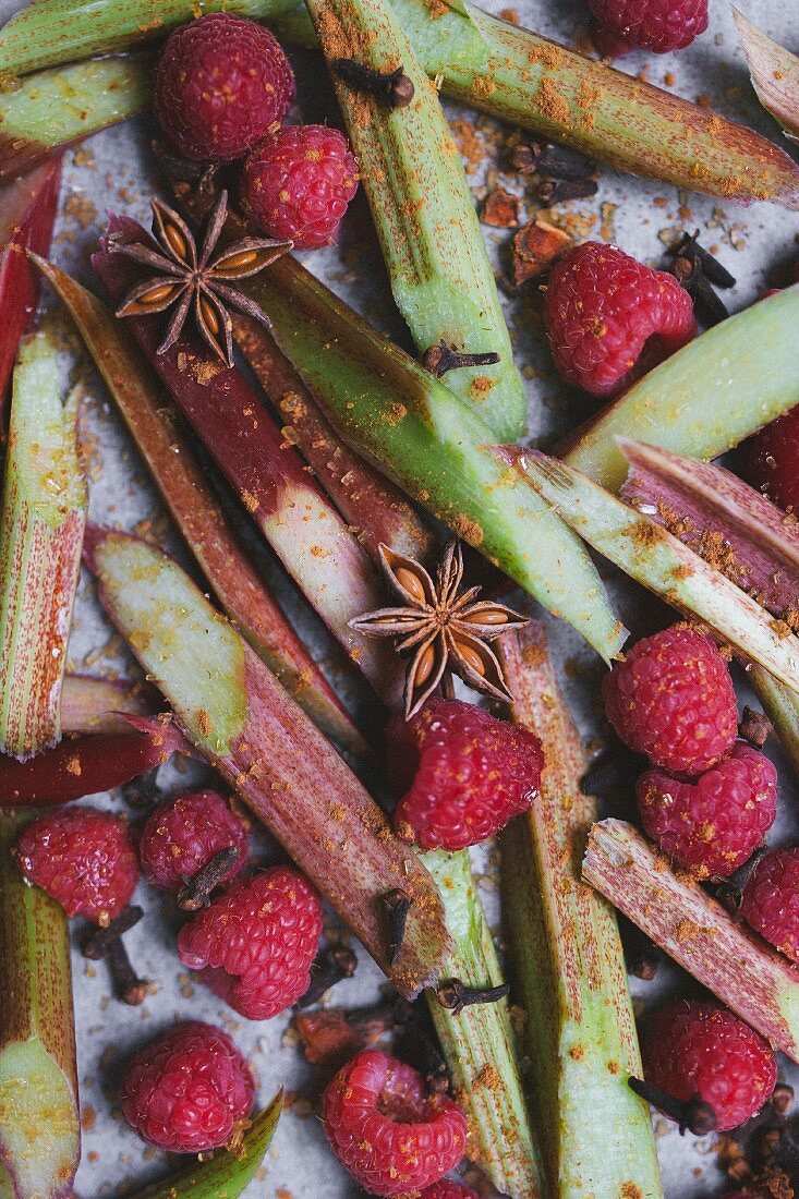 Geschnittener Rhabarber, Gewürze und Himbeeren