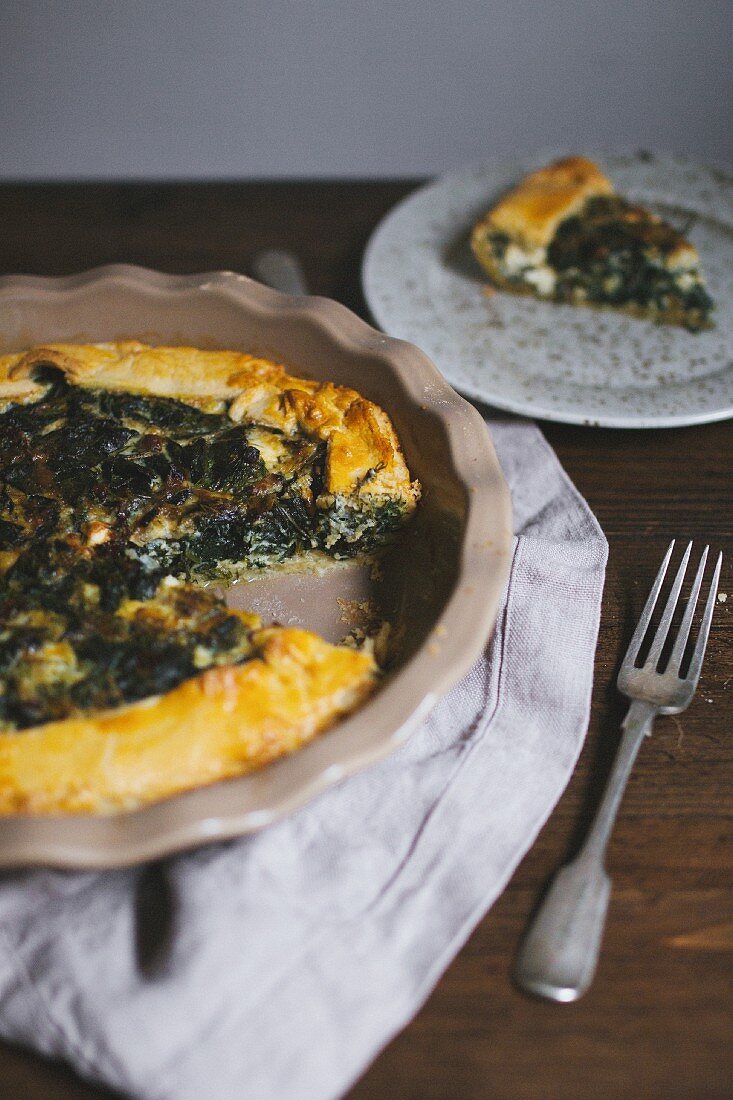 Spinach and feta cheese pie, sliced