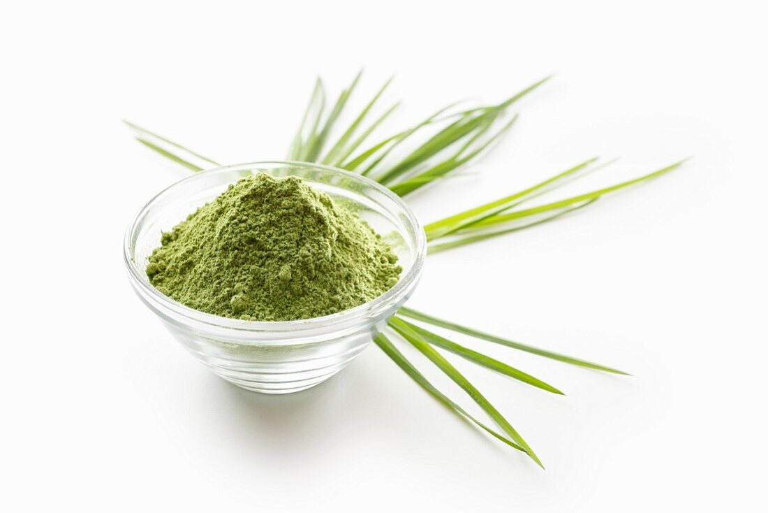 Wheatgrass powder in a glass bowl on a white surface