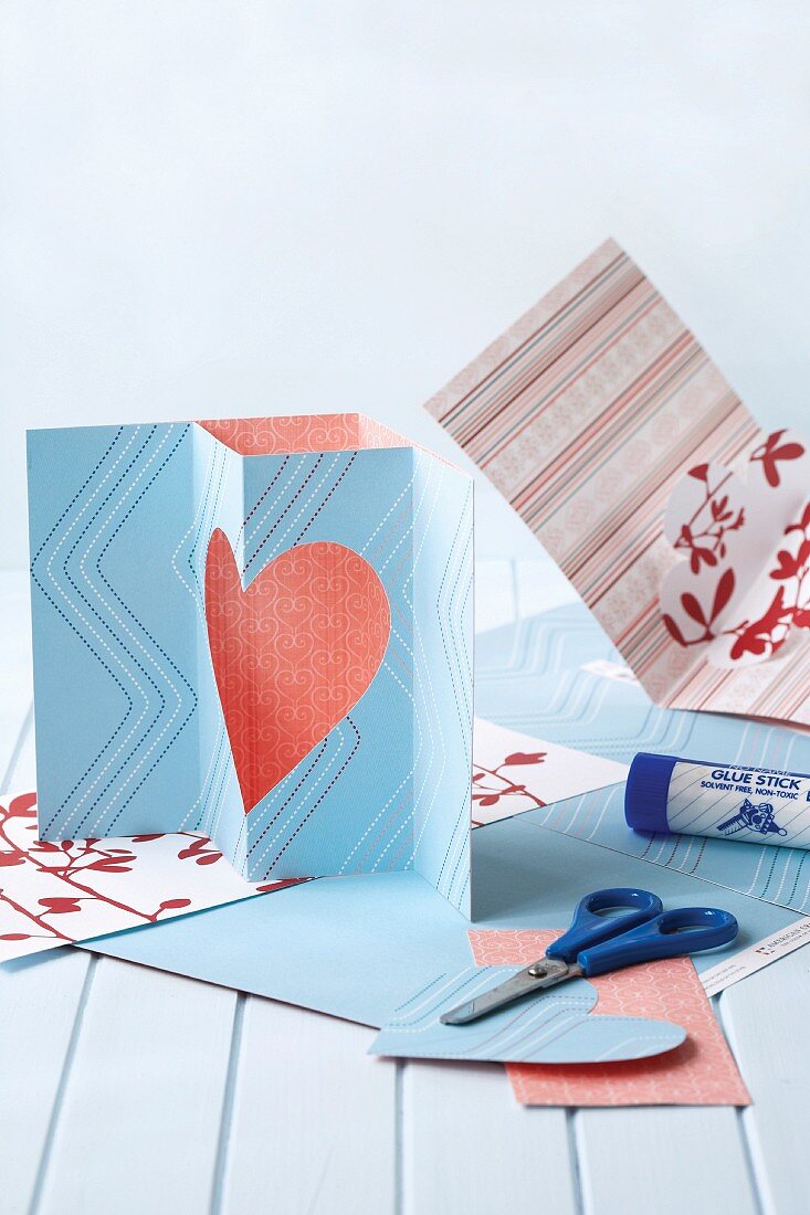 Hand-made pop-up greetings cards with love-heart motif and in various patterns