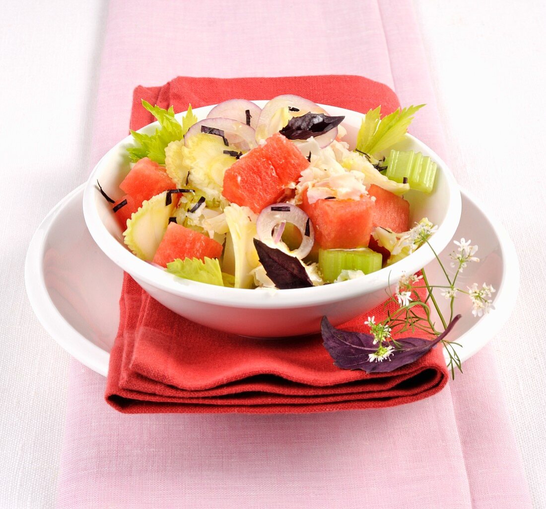 Watermelon salad with celery and feta cheese