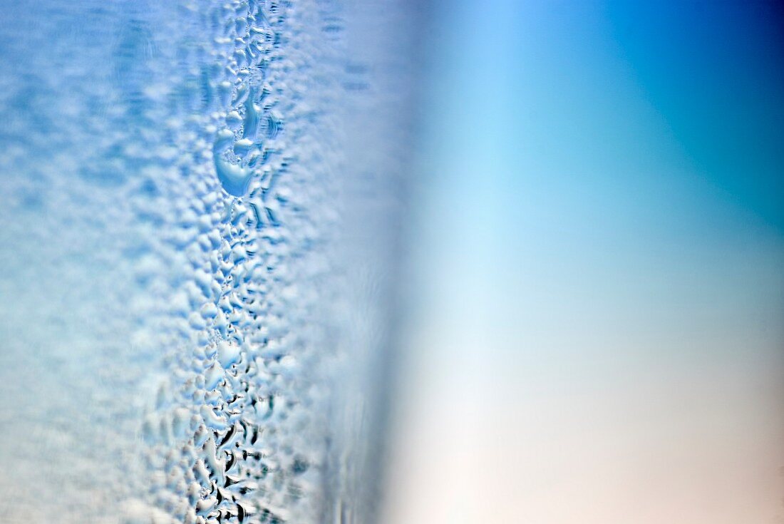 A close-up of water droplets on a glass