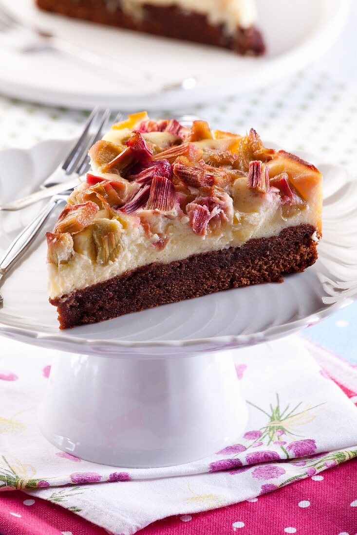 A slice of chocolate cheesecake with rhubarb