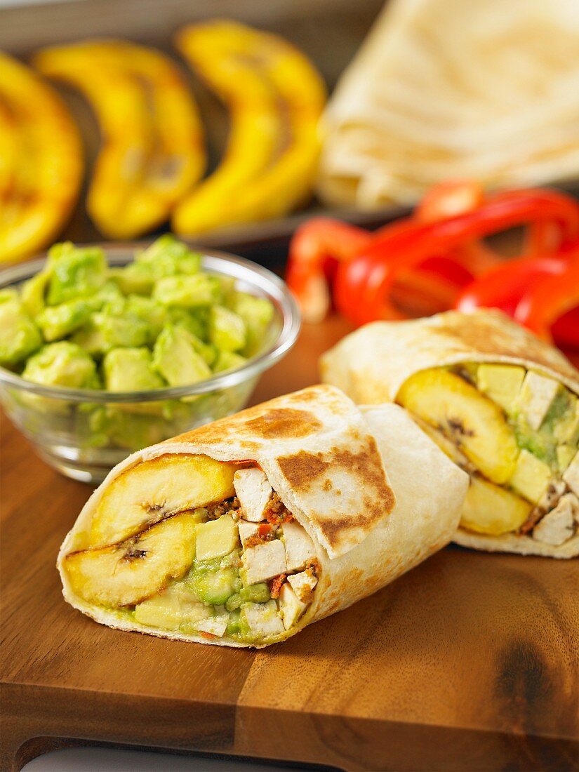 Wraps filled with plantains, avocado and tofu