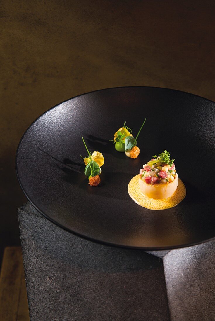 Scallops and Surhaxe (cured pork knuckle) a dish by Jan Hartwig, cook at the 'Atelier' in 'Bayerischen Hof' in Munich