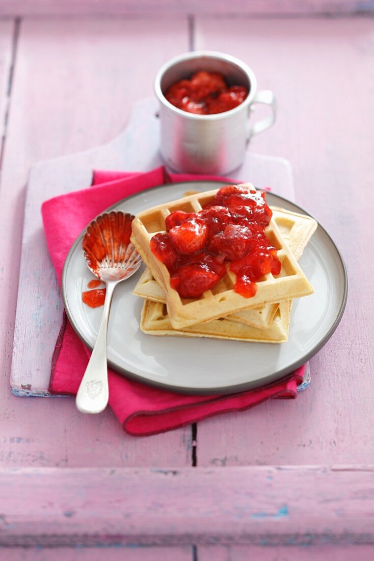 Waffles with strawberry jam