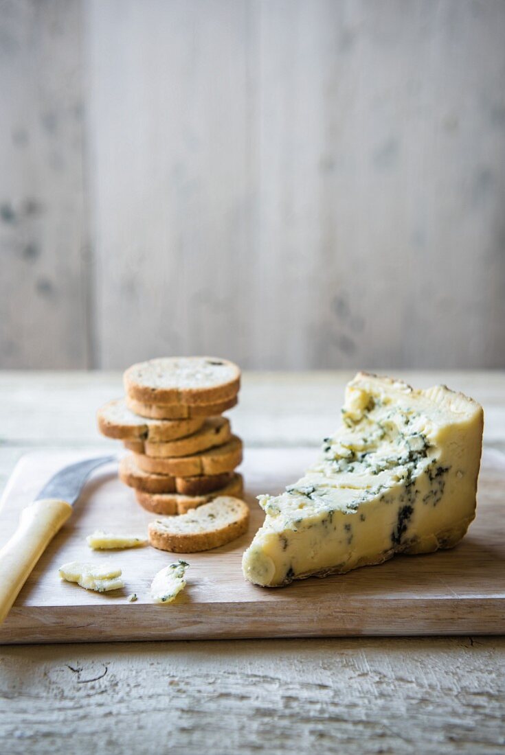 A chunk of blue cheese with bread crackers