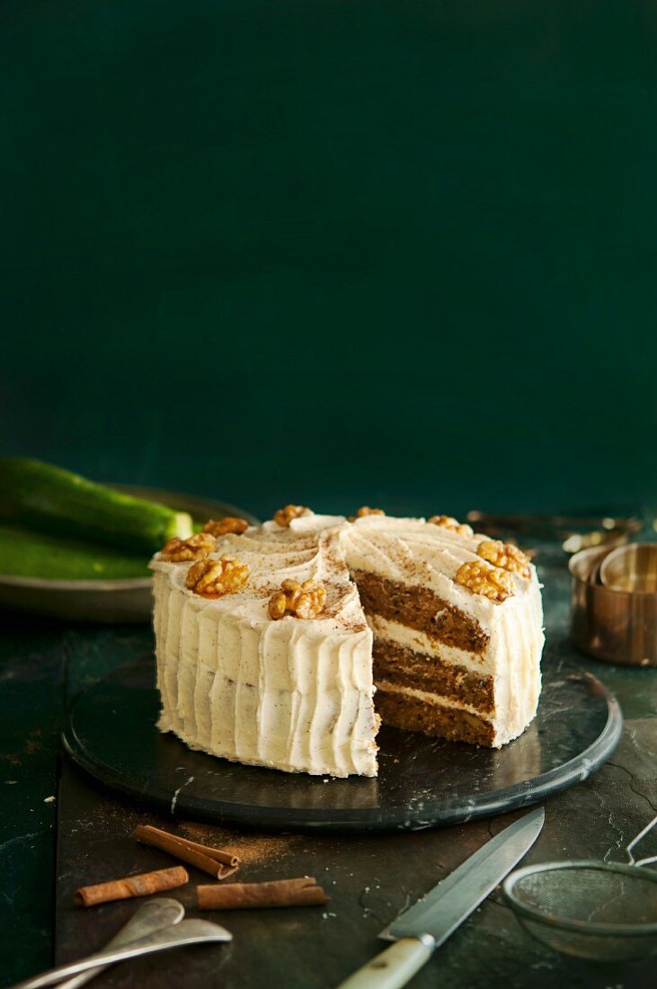Courgette and walnut cake, sliced