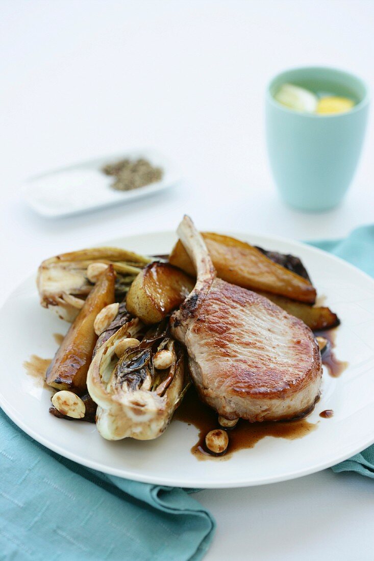 Pork Cutlets with Radicchio, Pear and Almonds