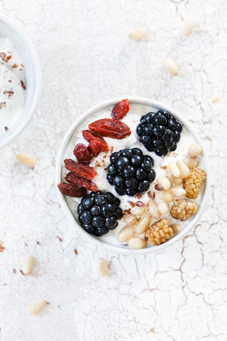 Joghurt mit Goji, Maulbeeren, Brombeeren und Pinienkernen